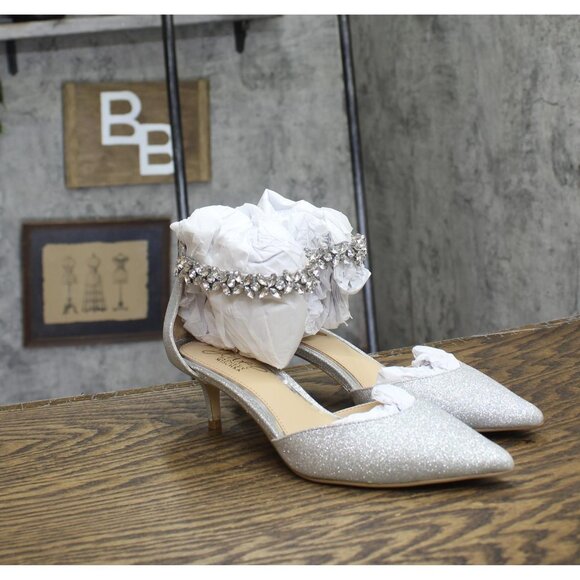 Jewel Badgley Mischka Robles Crystal Embellished Kitten Heels Silver Glitter 7M - Picture 1 of 11